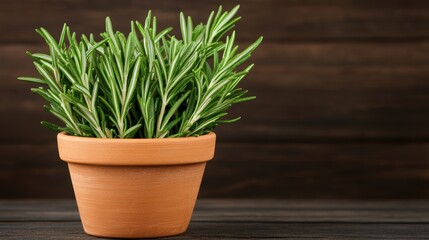 Fototapeta premium Fresh rosemary plant in terracotta pot against rustic wooden backdrop
