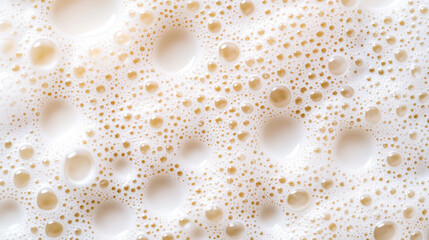Frothy milk foam with tiny air bubbles creates creamy texture, perfect for beverages. This macro shot captures intricate details of foam surface