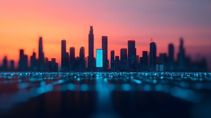 Obraz premium Dramatic Sunset Over Urban Skyline with Silhouetted Skyscrapers and Reflections in Water