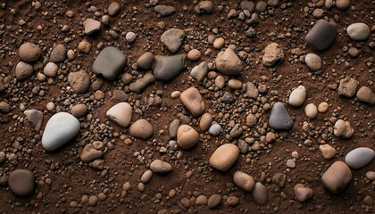 Close-up of various-sized stones on a dirt surface.  Rich earthy tones.