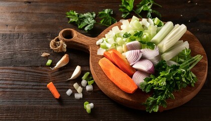 Freshly chopped vegetables on a wooden board, ready for cooking.