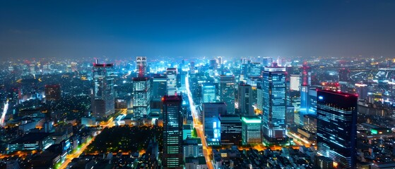 Fototapeta premium Vibrant Nightscape of a Modern City Skyline Illuminated by Urban Lights from a High Perspective