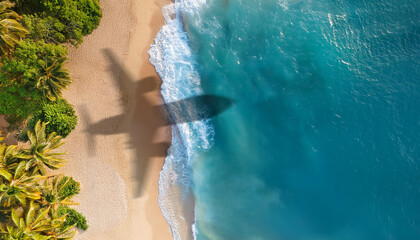 Aerial view of beautiful beach with shadow of commercial airplane
