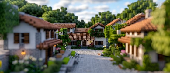 Obraz premium Charming suburban village scene with blooming gardens and rustic houses in vibrant colors, featuring soft sunlight and clear blue sky