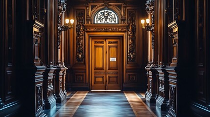Elegant Dark Wood Hallway Leading To Ornate Door