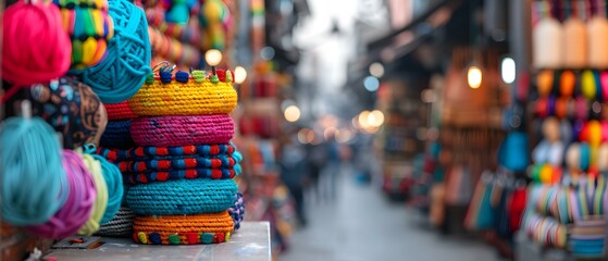 Fototapeta premium Colorful Yarn and Handcrafted Textiles for Sale in a Vibrant Artisan Market Scene