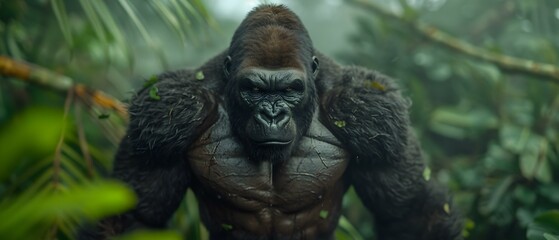 Obraz premium Majestic Gorilla Stands Strong Amidst Lush Jungle Foliage, Showcasing Powerful Presence and Natural Habitat