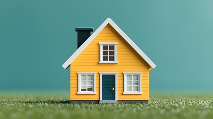 Miniature yellow house model on green grass with blue door and white windows showcasing a playful home design