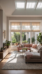 Stylish living room with a baby pink sofa wide windows letting in natural sunlight and a pastel pink theme for a spacious airy design