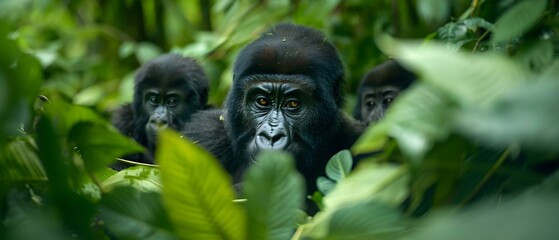 Obraz premium Close-Up of Young Gorillas Surrounded by Lush Green Foliage in a Natural Habitat