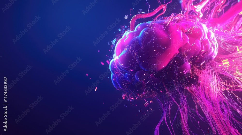 Poster a glowing ai neural network visual intertwined with global business metrics on a clean dark gradient