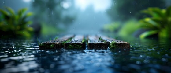 Fototapeta premium Tranquil Wooden Plank Pathway Over Serene Verdant Lake in a Misty Forest Landscape