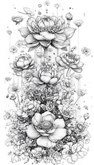 Mandala created with clean, detailed contour lines, showcasing symmetrical geometric and floral patterns. Minimalistic design with an artistic, balanced aesthetic