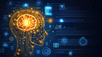 Obraz premium A glowing circuit board with assistive technology symbols powered by AI, with ample room for copy.