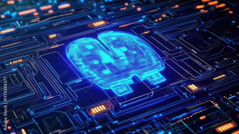 Poster a glowing digital brain representing ai-driven data science models displayed on a dark gradient back