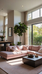 Fototapeta premium Bright and spacious living room with a baby pink couch large windows bringing in sunlight and a light pastel pink interior design for a modern look