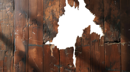 Weathered wooden wall with a large jagged hole exposing white background. Cracks, scratches, and textures on the wood. Decay, age, and wear over time