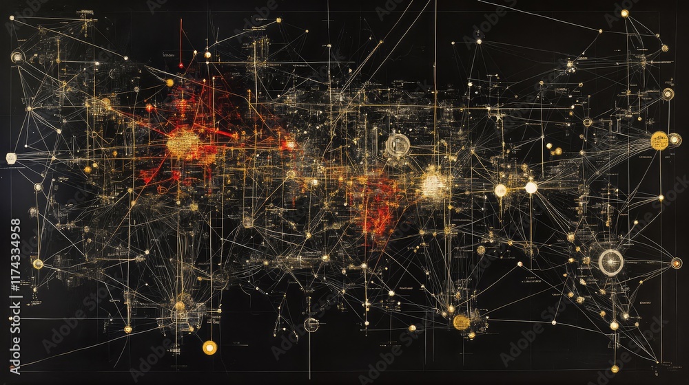 Poster a glowing digital map visualizing ai and ethics, with interconnected pathways of data points represe