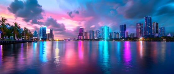 Obraz premium Vibrant City Skyline at Dusk with Reflections on Water and Colorful Lights in a Modern Urban Landscape