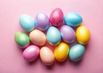 Pastel Easter Eggs Top View Pink Background AI Photography
