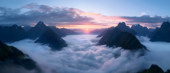 Naklejka premium Majestic Sunrise Over Mountain Range With Cloud Sea and Vibrant Sky Colors