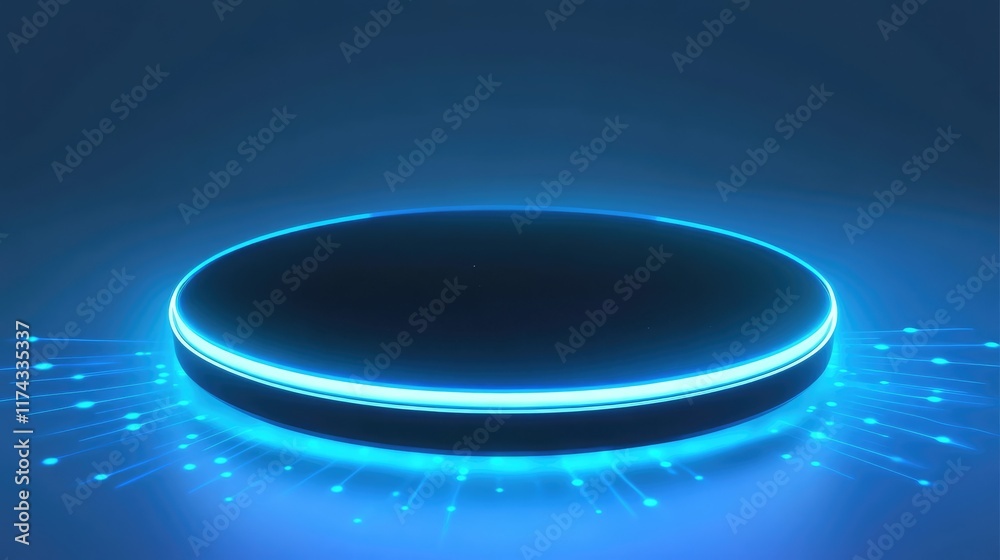 Poster a glowing edge device surrounded by a network of holographic data streams on a gradient blue backgro