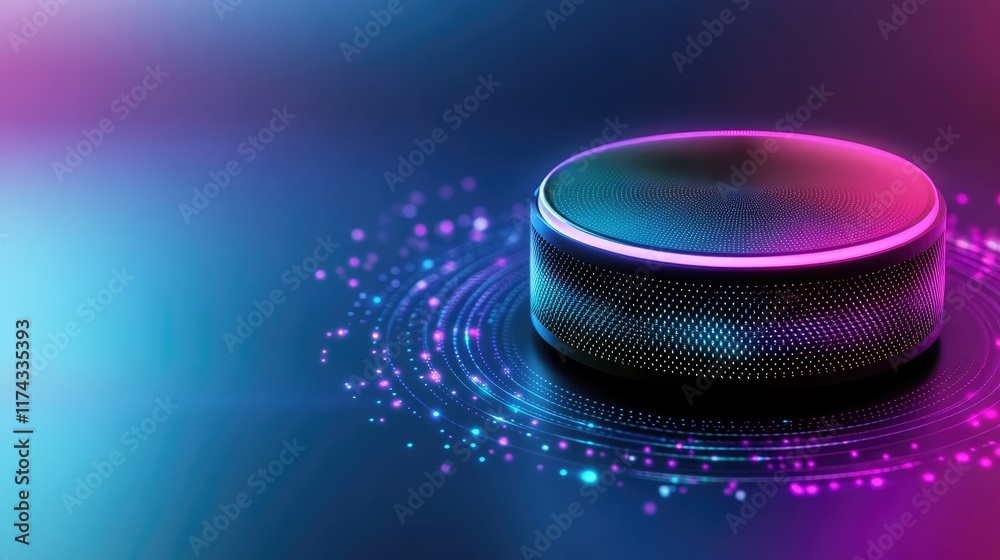 Poster a glowing edge device surrounded by a network of holographic data streams on a gradient blue backgro