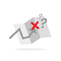 Flat illustration of a paper map with a red cross mark, representing route not found or journey unavailable in a travel app