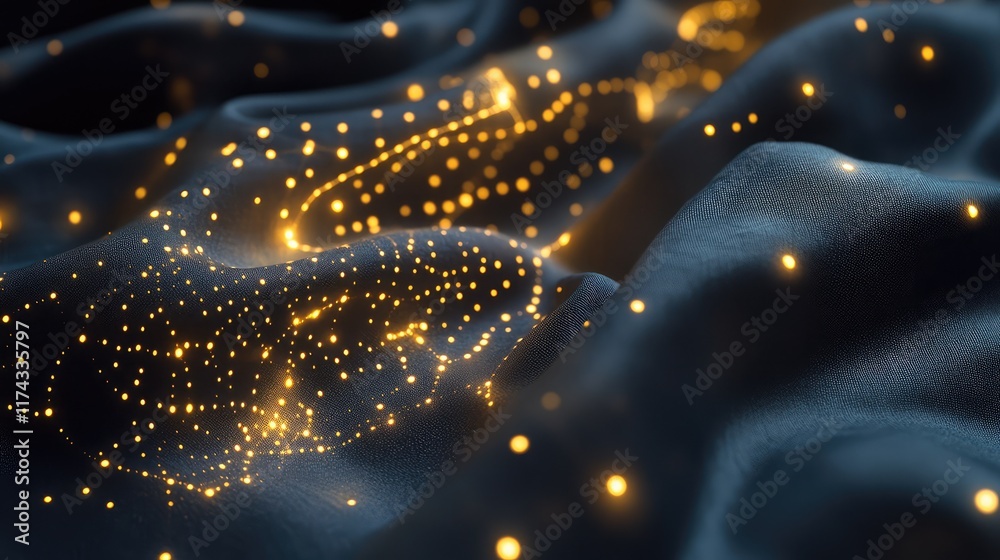Poster a glowing fabric surface representing ai-powered textiles, with interconnected data pathways running