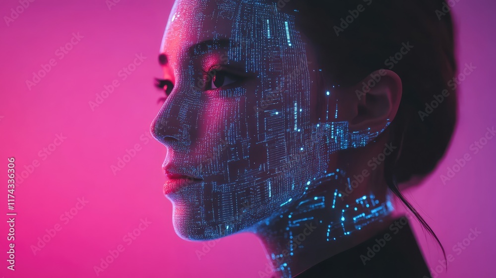 Poster a glowing holographic digital assistant designing ai algorithms on a clean gradient background. ampl