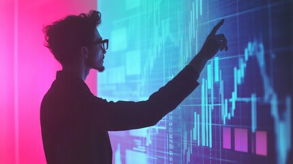 A glowing holographic digital assistant analyzing business strategies on a clean gradient background. Copy space surrounds.