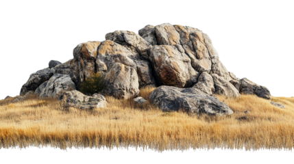 Savannah landscape featuring large rocky stone formations with grass isolated on white background. Suitable for marketing or business purposes