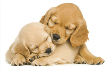 Young Cocker Spaniel Puppies Snuggling Together in Adorable Posing Moment on White Background