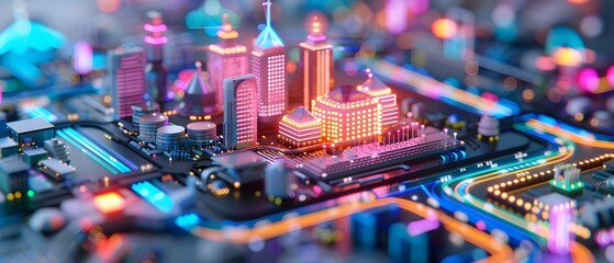 Obraz premium Futuristic Cityscape with Neon Lights and Digital Infrastructure in a Vibrant Urban Environment