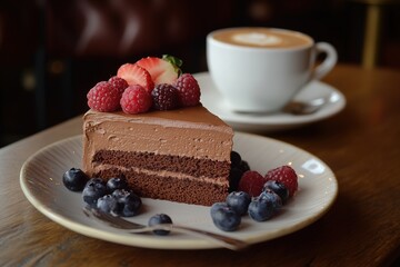 A piece of cake with chocolate mousse and fresh berries on a plate, with a cappuccino coffee in the background. 