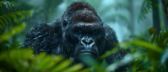 Powerful Gorilla in Tropical Rainforest Surrounded by Lush Green Foliage and Gentle Rain