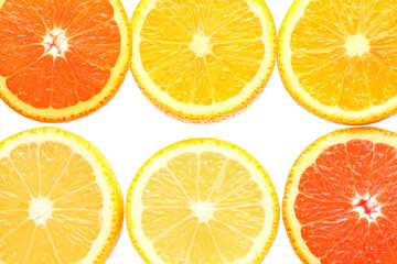 Colorful Display of Citrus Slices on White Background for Fresh Food Concept