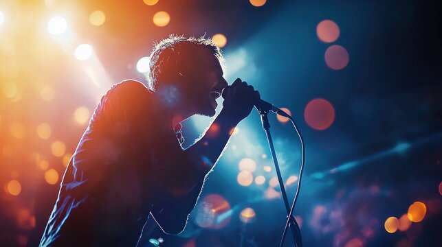 Silhouette of a passionate singer performing on stage, bathed in colorful stage lights, expressing raw emotion through song.
