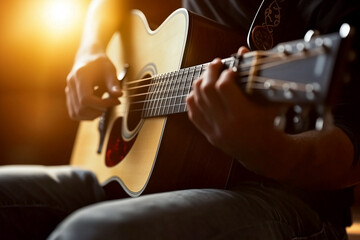 Fototapeta premium Person Playing Acoustic Guitar with Sunlight in Background