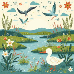 Vector wetlands swamps with reeds, mangroves, and birds in flight, Swamp landscape. View of the river bank