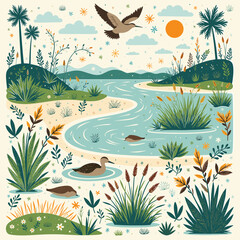 Vector wetlands swamps with reeds, mangroves, and birds in flight, Swamp landscape. View of the river bank