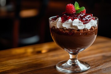 Black Forest Trifle in a glass on a wooden background, close-up. Soft, diffused light and shadow.