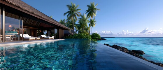 Obraz premium Tranquil Luxury Villa Overlooking Crystal Clear Waters and Tropical Palm Trees in a Serene Island Paradise