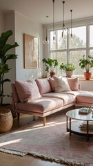 Elegant contemporary living room featuring a soft baby pink couch expansive windows for sunlight and pastel pink design for a spacious interior