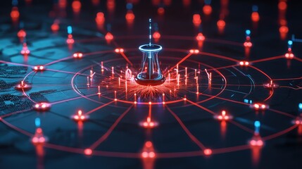 A glowing holographic representation of a smart irrigation system monitored by AI, displayed on a futuristic dark gradient background. Ample clean copy space provided.