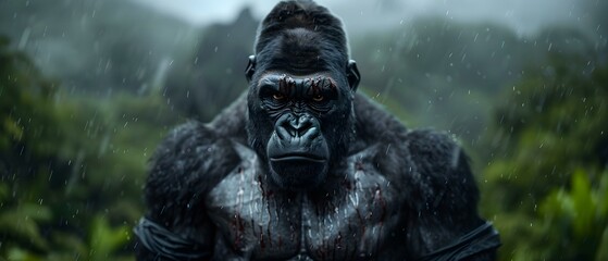 Powerful Jungle Gorilla Stares Intently in Rainy Landscape with Dense Green Foliage in Background