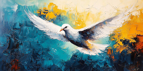 A vibrant oil painting depicting a dove in flight,
