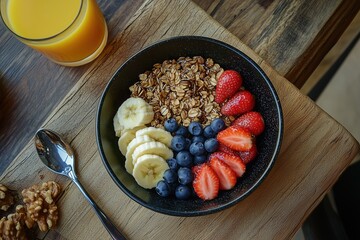 Mauritian breakfast with granola, blueberries, and berries in a bowl on a wooden board, top view.