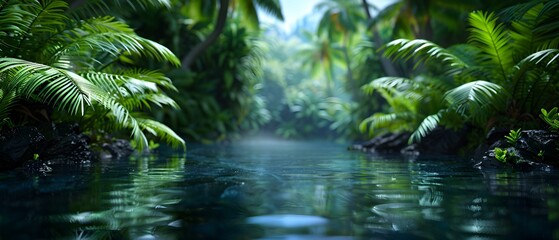Fototapeta premium Lush Tropical River Surrounded by Green Foliage and Peaceful Water Reflection in a Serene Nature Setting