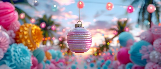 Fototapeta premium Colorful Holiday Decor with Hanging Ornament and Vibrant Background of Party Decorations and Soft Lighting at Dusk